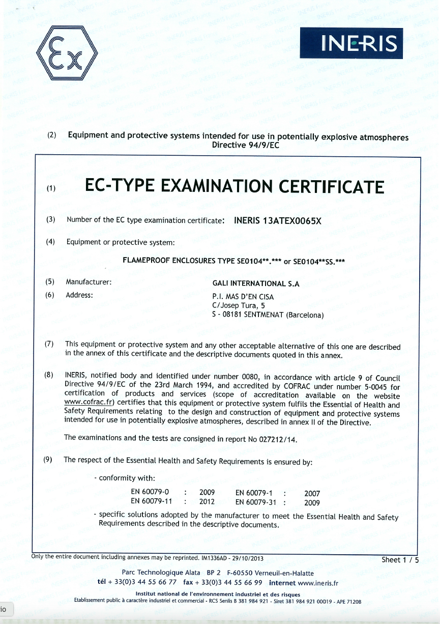 EC TYPE EXAMINATION CERTIFICATE - INERIS 13ATEX0065X