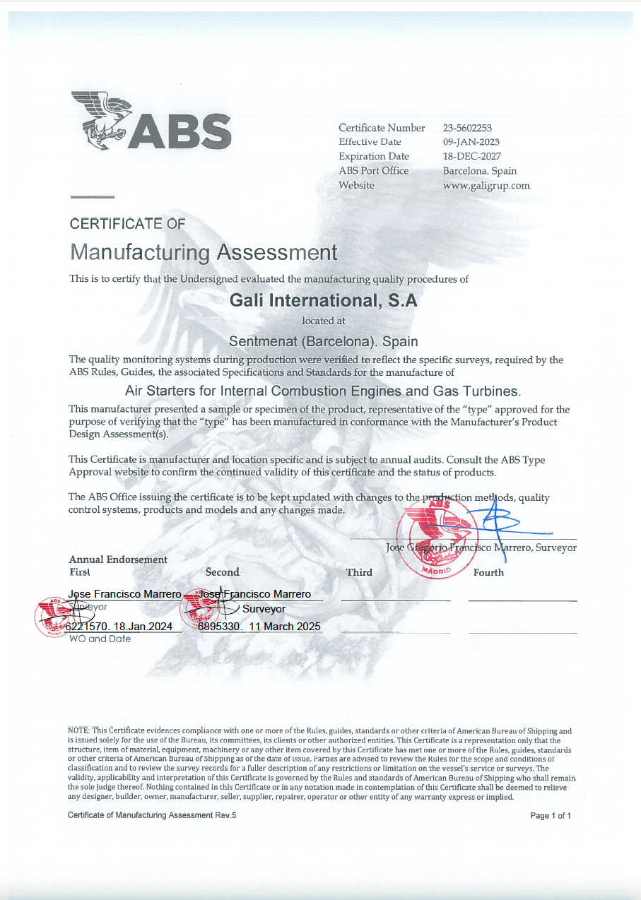 ABS Certificate of Manufacturing Assessment 2024 Air Starters